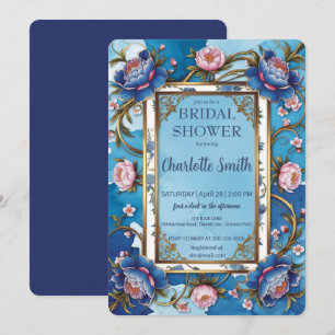 Invitation Bleu et rose Peony antique douche nuptiale