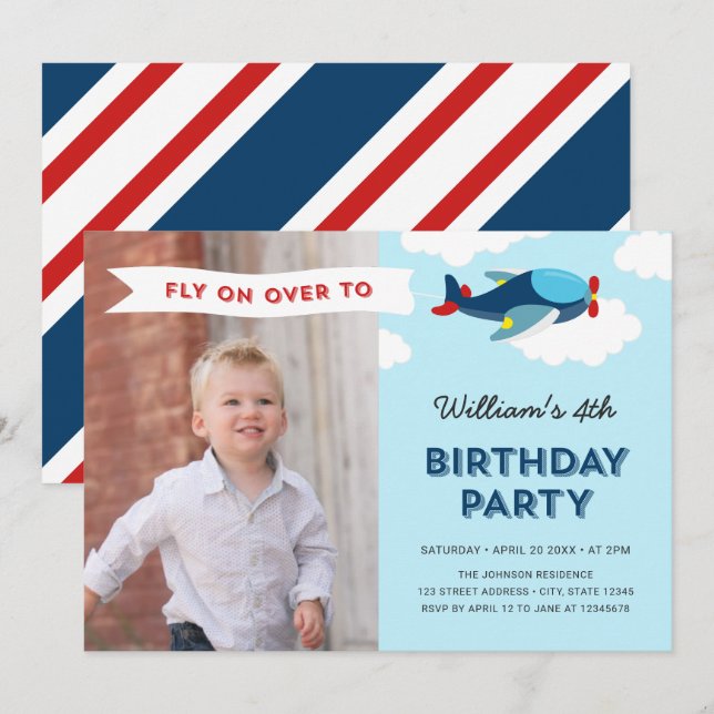 Invitation Bleu et rouge Avion photo fête d'anniversaire (Devant / Derrière)