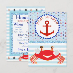 Invitation Bleu et rouge Crabe de plage Baby shower Invitatio