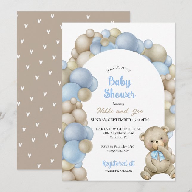 Invitation Bleu et Tan Balloon Arch Teddy Bear Baby shower (Devant / Derrière)