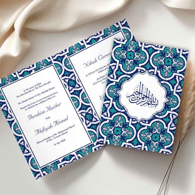 Invitation Bleu et Turquoise Islam Arabesque Mariage musulman (Créateur téléchargé)