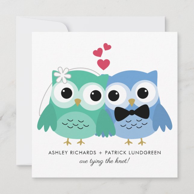 Invitation Bleu et vert | Cute Owl Bride et Groom Mariage (Devant)
