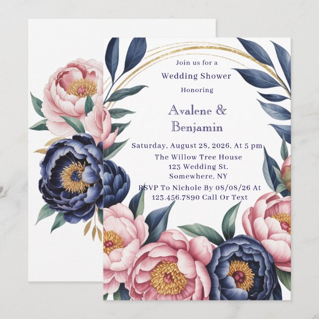 Invitation Bleu et Wedding shower bleu marine (Devant / Derrière)