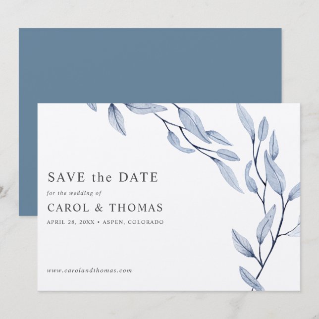 Invitation Bleu éthérée | chic botanique enregistrer la date (Devant / Derrière)