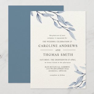 Invitation Bleu éthérée   Élégant mariage Feuille botanique