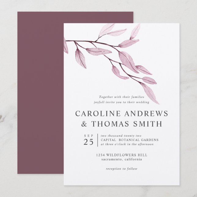 Invitation Bleu éthérée | mariage Feuille chic (Devant / Derrière)