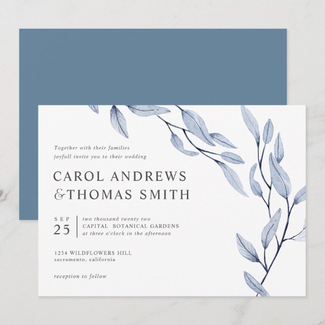 Invitation Bleu éthérée | mariage Feuille chic (Devant / Derrière)