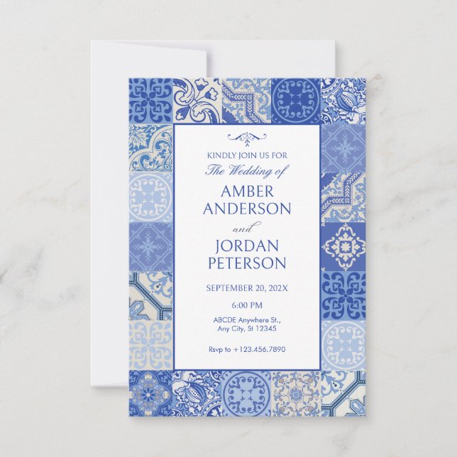 Invitation Bleu ethnique Boho Carreaux méditerranéens mariage (Devant)