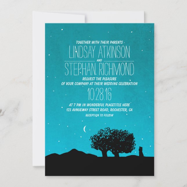 Invitation bleu étoile arbres de nuit et mariage de couple (Devant)