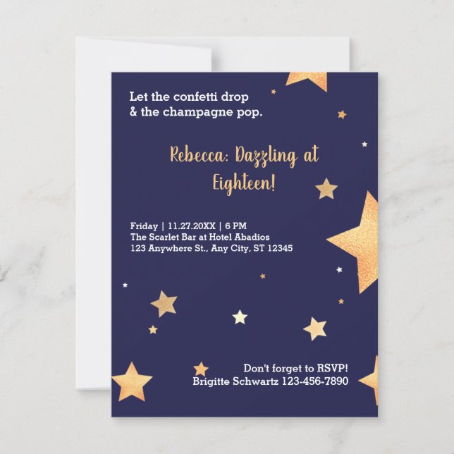 Invitation Bleu étoiles parties scintillant et or éblouissant (Devant)
