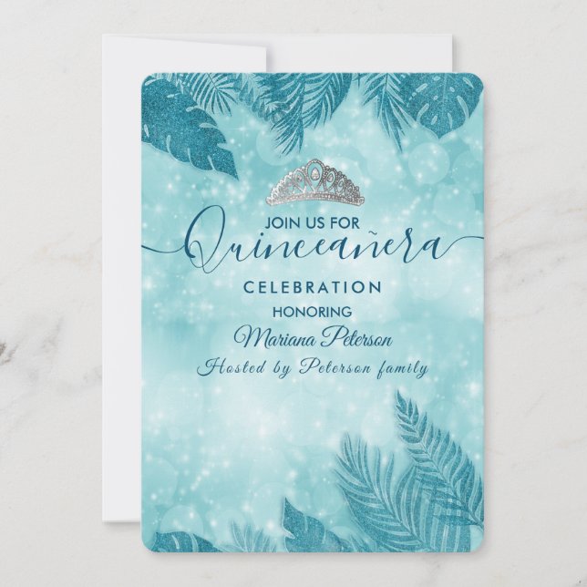 Invitation Bleu feuille tropical tiara Quinceañera Invit (Devant)