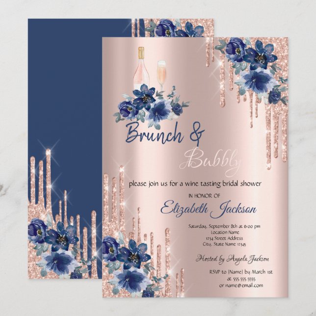 Invitation Bleu Fleurs Fêtes des mariées Brunch & Bubbly (Devant / Derrière)