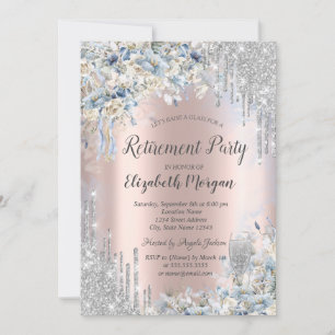 Invitation Bleu Fleurs Parties scintillant argent Départ