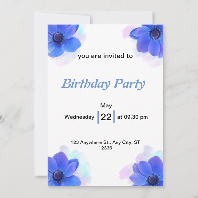 Invitation Bleu Floral Anniversaire avec Aquarelle Pastel (Devant)