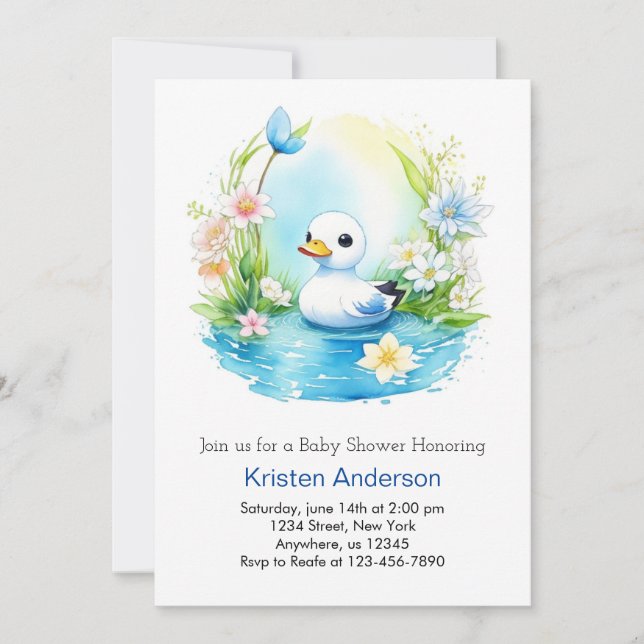 Invitation Bleu Floral Blissful Duck Boy Baby shower (Devant)