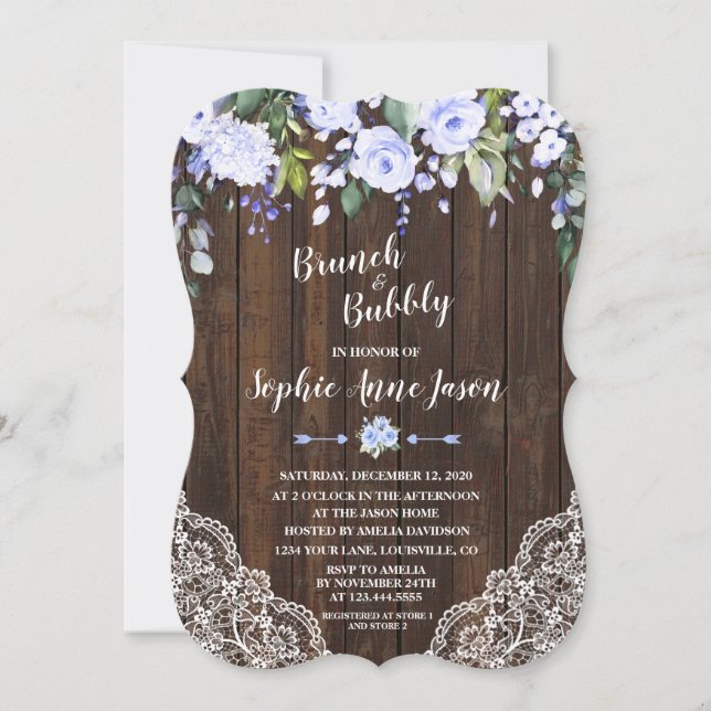Invitation Bleu Floral Bois Brunch et Fête des mariées Bubbly (Devant)