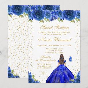 Invitation Bleu Floral Brunette Cheveux Princesse Sweet Seize