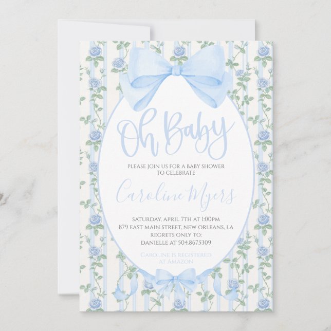 Invitation Bleu Floral Coquette Bow Baby Boy (Devant)