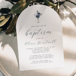 Invitation Bleu Floral Croix Arc Garçons Baptême