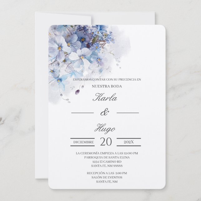 Invitation Bleu Floral eau couleur Mariage espagnol (Devant)