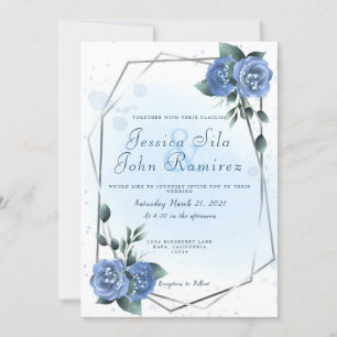 Invitation Bleu Floral Faux Silver Foil Couleur de l'eau