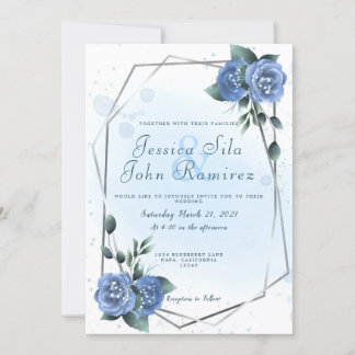 Invitation Bleu Floral Faux Silver Foil Couleur de l'eau