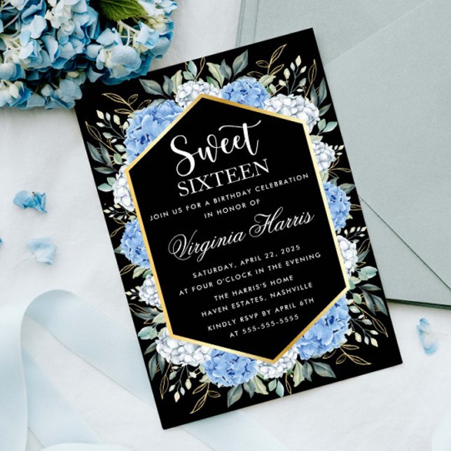 Invitation Bleu Floral Feuille Sweet sixteen noir 16 Annivers (Créateur téléchargé)