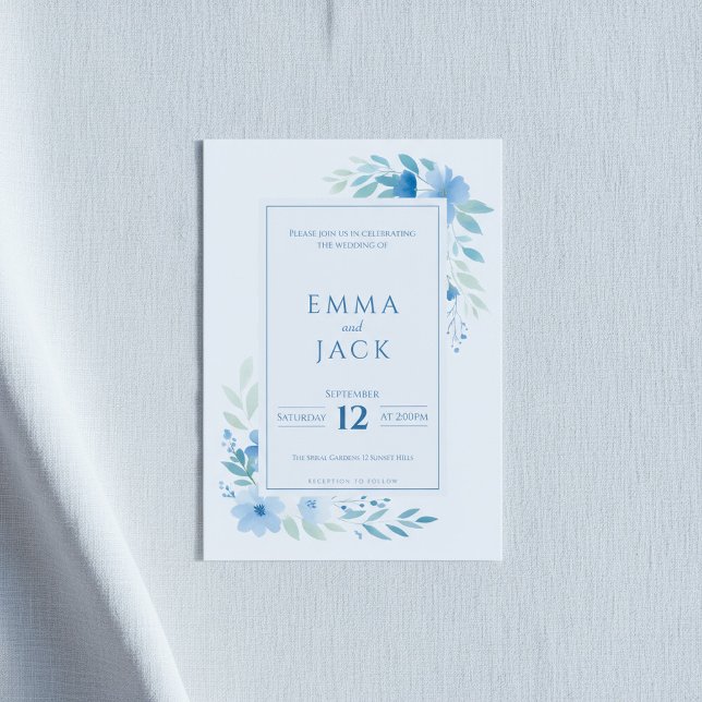 Invitation Bleu floral frontière botanique moderne (Blue floral botanical border modern invitation.)