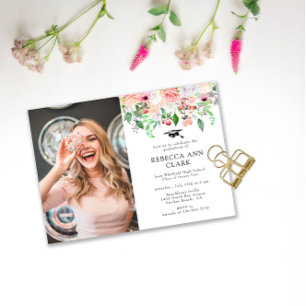 Invitation Bleu Floral Greenery Diplôme photo personnalisée