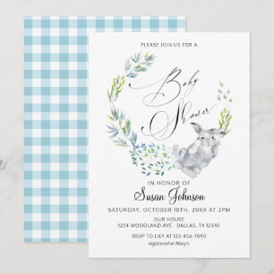 Invitation Bleu Floral Lapin Calligraphie Baby shower de prin