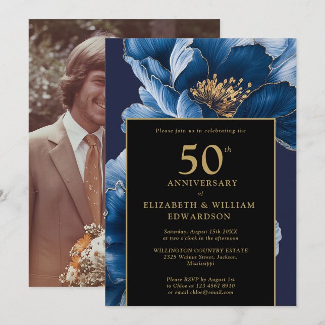 Invitation Bleu Floral Noir et Or 50ème anniversaire Photo (Devant / Derrière)