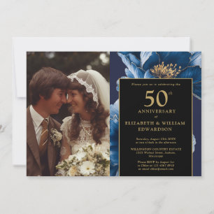 Invitation Bleu Floral Noir et Or 50ème anniversaire Photo