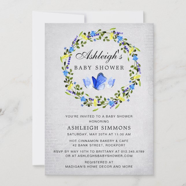 Invitation Bleu Floral Papillon Baby shower garçon (Devant)