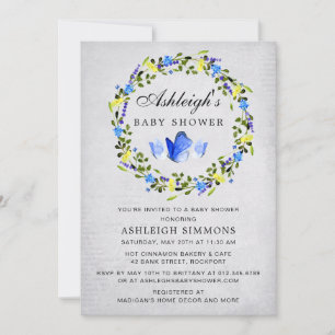 Invitation Bleu Floral Papillon Baby shower garçon