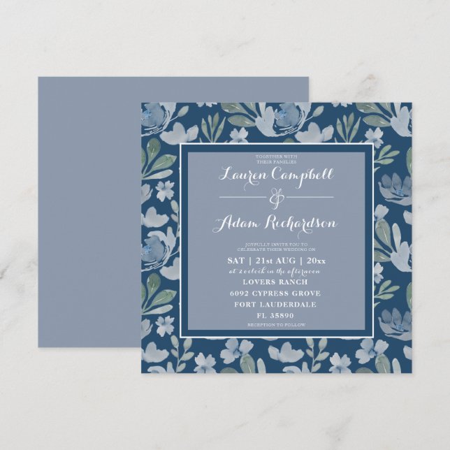 Invitation Bleu floral rustique et Mariage floral Turquoise I (Devant / Derrière)