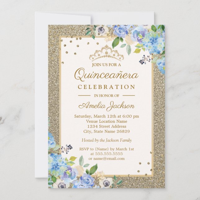 Invitation Bleu Floral Sparkle Quinceanera (Devant)
