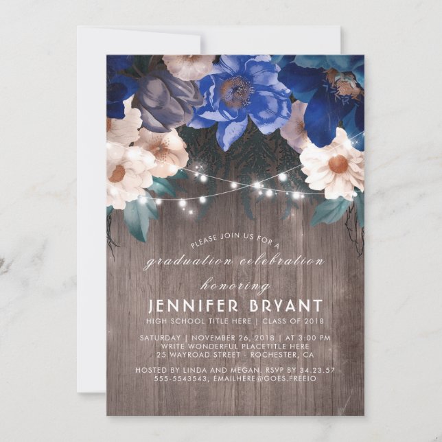 Invitation Bleu Floral String éclaire Rustic Graduation Party (Devant)