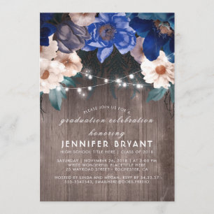 Invitation Bleu Floral String éclaire Rustic Graduation Party