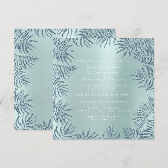 Invitation Bleu floral tropical de parties scintillantes en (Devant / Derrière)