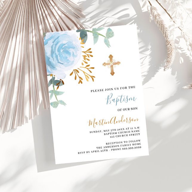 Invitation Bleu floral verdure or croix garçon luxe baptême (Créateur téléchargé)