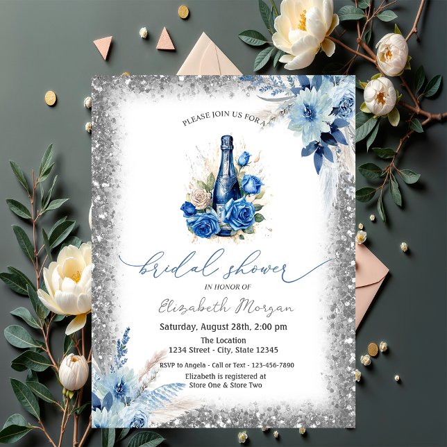 Invitation Bleu Floral Vin Parties scintillant Baby shower ca (Créateur téléchargé)