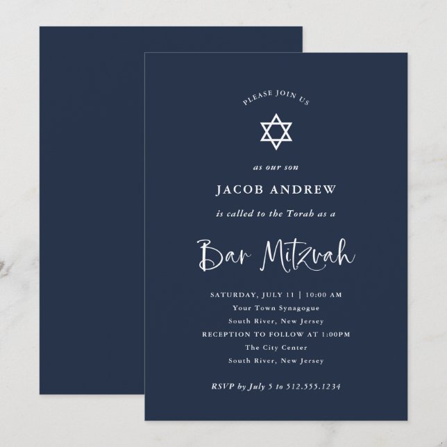 Invitation Bleu foncé avec calligraphie blanche | Bar Mitzvah (Devant / Derrière)