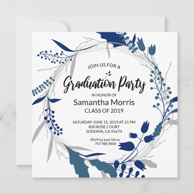 Invitation Bleu foncé Boho Floral Wreath Party (Devant)