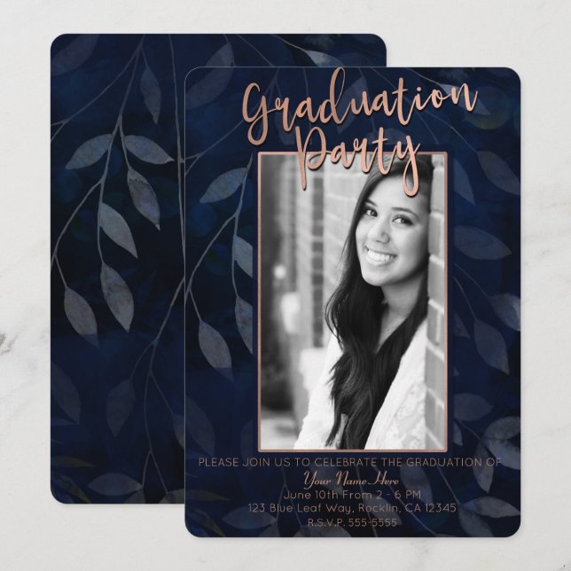 Invitation Bleu foncé Botanique Feuille Moderne Graduation Pa (Devant / Derrière)