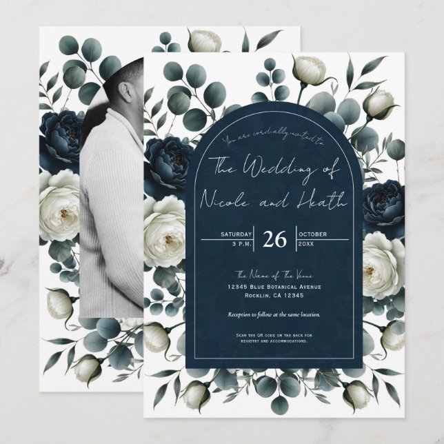 Invitation Bleu foncé et blanc Moderne Floral Mariage (Devant / Derrière)