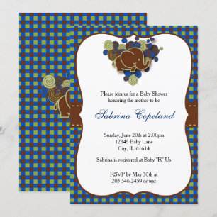 Invitation Bleu foncé et éléphant bébé Brown  Baby shower