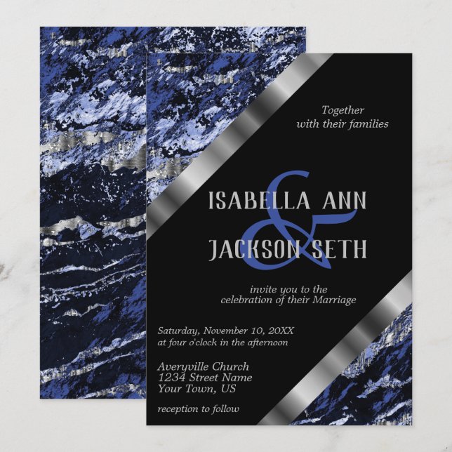 Invitation Bleu foncé et marbre argenté (Devant / Derrière)