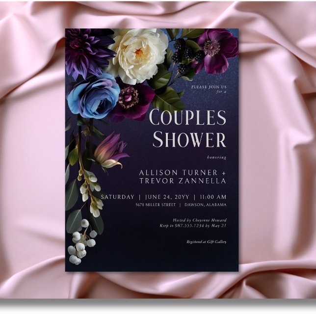 Invitation Bleu foncé et violet Moody Couples Douche (Dark Blue & Purple Floral Moody Couples Shower Invitation)