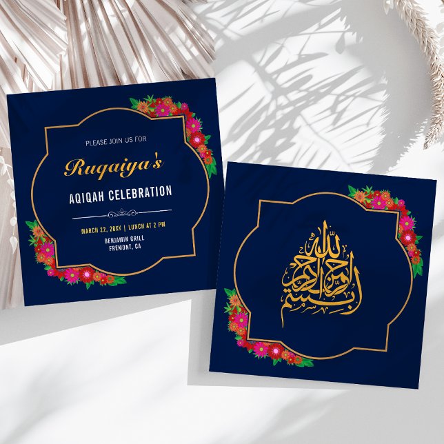 Invitation Bleu foncé Floral Baby Girl Aqiqah (Créateur téléchargé)