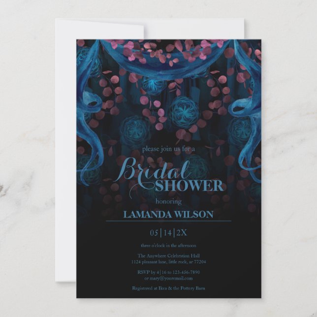 Invitation Bleu foncé Floral noir Fête des mariées gothique (Devant)